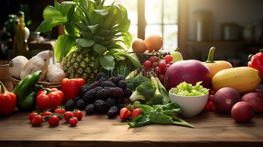 餐桌上的水果和蔬菜背景图