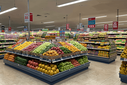 超市果蔬区放着的新鲜水果蔬菜摄像图9摄影照片