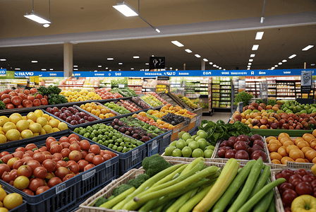 水果货架摄影照片_超市货架上整齐的商品摄影图片9
