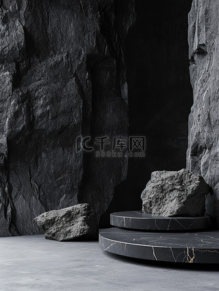 黑色背景图片_黑色几何岩石产品背景