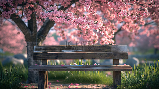 樱花树下的木椅子背景