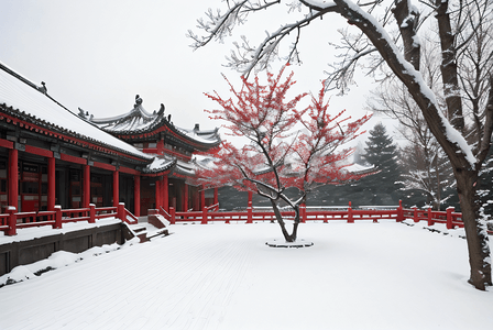 下雪梅花摄影照片_寒冷冬季庭院里的积雪摄影照片7