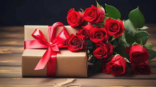 红玫瑰和木桌上的丝带礼物素材