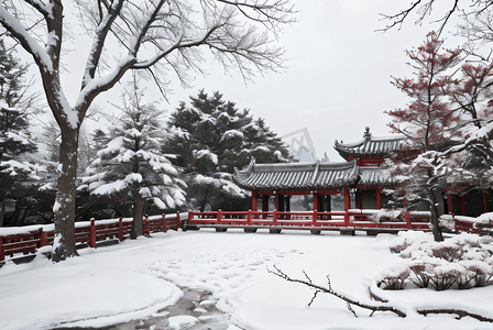 下雪梅花摄影照片_寒冷冬季庭院树木积雪图高清摄影图