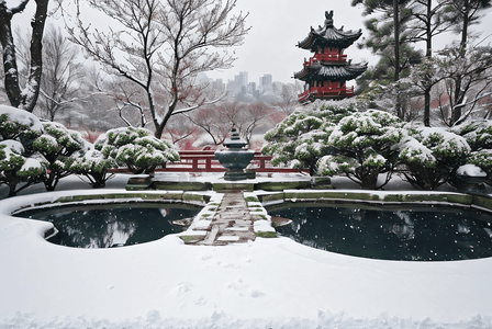 下雪梅花摄影照片_寒冷冬季庭院雪景图9摄影图