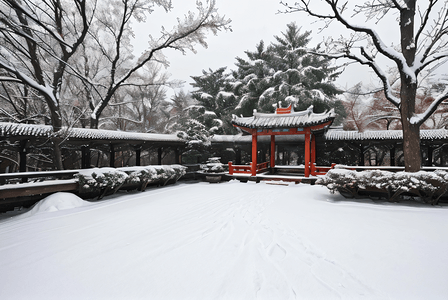 寒冷冬季庭院里的积雪摄影照片5