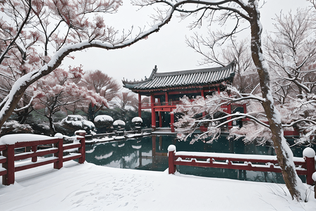 寒冷冬季庭院里的积雪摄影照片