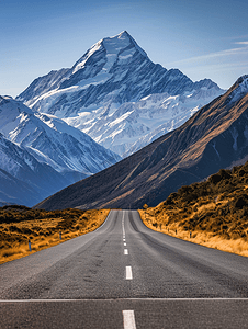 风景马路摄影照片_雪山下的公路新西兰自驾风光