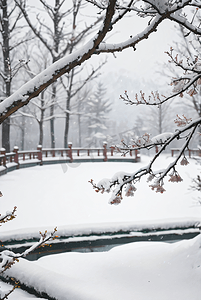 下雪梅花摄影照片_中式庭院户外树木积雪图1图片