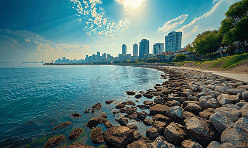商务红色背景摄影照片_青岛现代城市风景海岸线