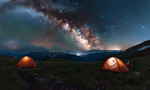 四名徒步旅行者坐在两个橙色帐篷营地星空银河
