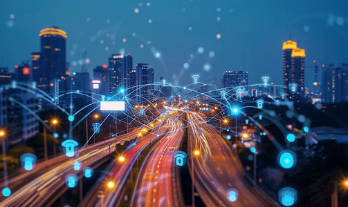 圣诞节背景摄影照片_科技城市背景的5G网络无线通信技术网络连接智能城市