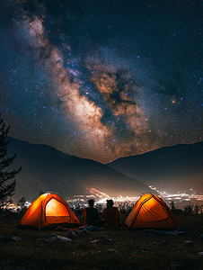四名徒步旅行者坐在两个橙色帐篷营地星空银河