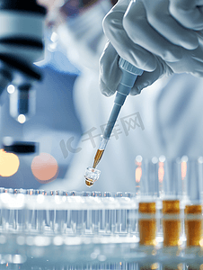 医学科学家和化学家在实验室使用吸管或滴管液体样品