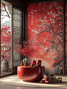 红色可爱龙海报背景图片_红色圆桌中式客厅新春家居背景素材