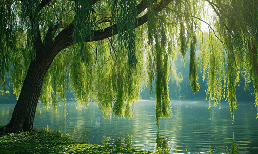 湖畔摄影照片_春天湖畔垂柳柳树