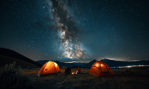 享受旅行摄影照片_四名徒步旅行者坐在两个橙色帐篷营地星空银河