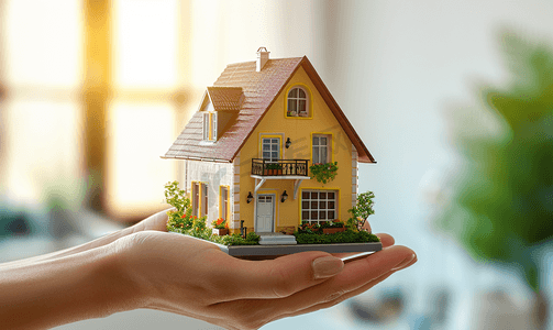 贷款房产在手里托住房子模型特写