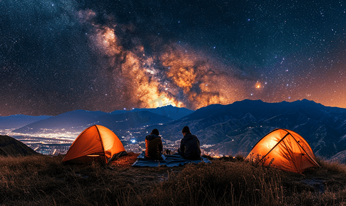 享受旅行摄影照片_四名徒步旅行者坐在两个橙色帐篷营地星空银河