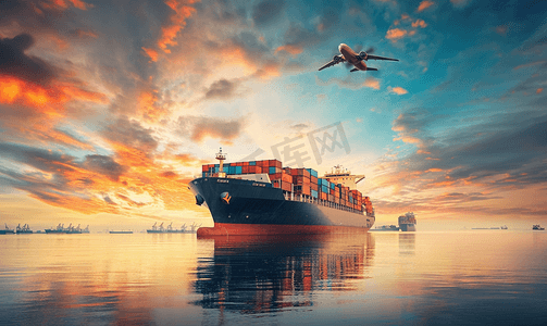 国际摄影照片_黄昏的天空物流国际集装箱船舶货物货机