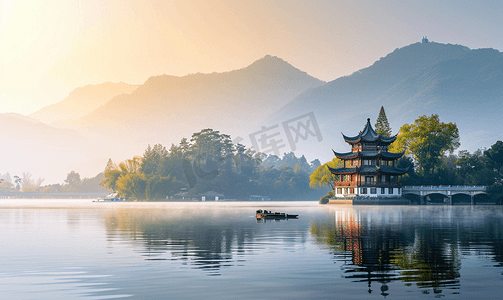 卡通倒影摄影照片_中国的西湖风景