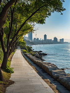 商务红色背景摄影照片_青岛现代城市风景海岸线