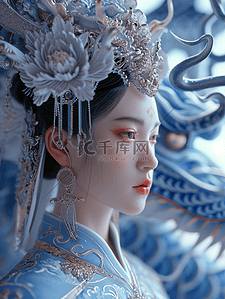 3D立体青花瓷中国春节龙年女孩背景图13