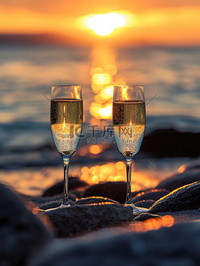 海边落日余晖香槟酒背景图片