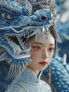 3D立体青花瓷质感中国龙年春节女孩背景4
