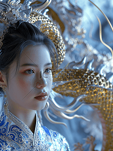 大气背景图片_3D立体青花瓷中国春节龙年女孩背景图16