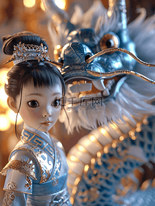 3D立体青花瓷质感中国龙年春节女孩背景2