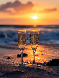 海边背景图片_海边落日余晖香槟酒背景