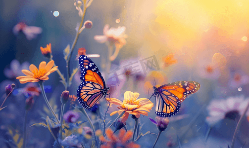 春暖花开背景摄影照片_春天花丛中的两只蝴蝶