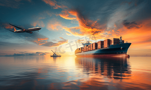 黄昏的天空物流国际集装箱船舶货物货机