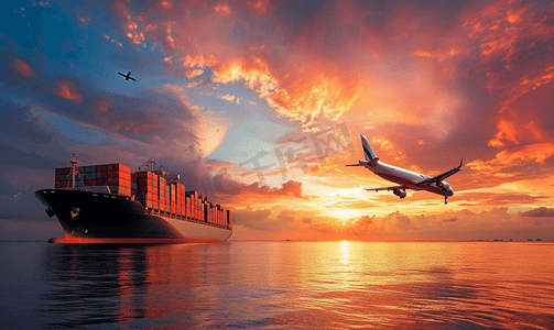 航运摄影照片_黄昏的天空物流国际集装箱船舶货物货机