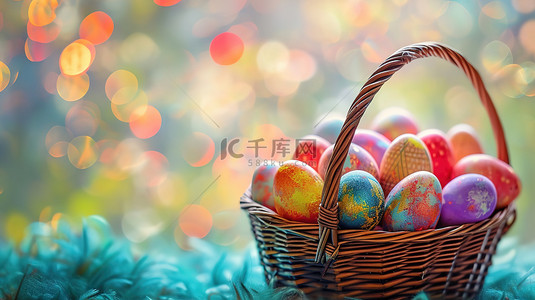 草地上篮子的彩蛋复活节设计图