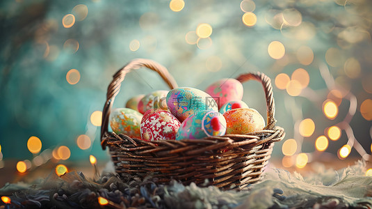 复活节节日彩蛋背景图片_草地上篮子的彩蛋复活节素材