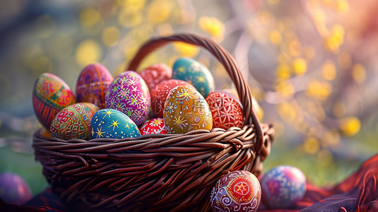 复活节节日彩蛋背景图片_草地上篮子的彩蛋复活节背景图片