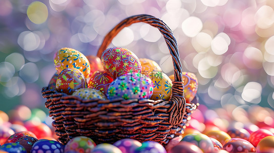 草地上篮子的彩蛋复活节背景图