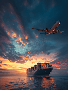 黄昏的天空物流国际集装箱船舶货物货机