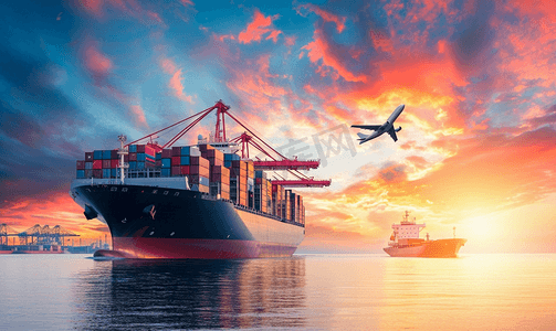 航运摄影照片_黄昏的天空物流国际集装箱船舶货物货机