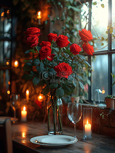 浪漫情人节桌子上摆满玫瑰背景