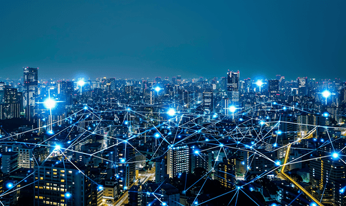 图标速度摄影照片_科技城市背景的5G网络无线通信技术网络连接智能城市