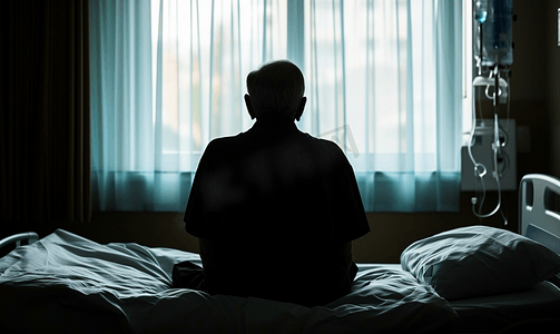 男性医院摄影照片_坐在病床上孤独的老人背影