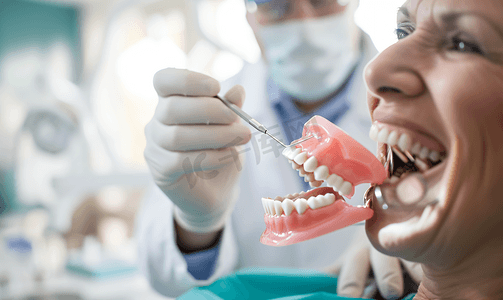 牙齿医生拿着假牙给病人讲解