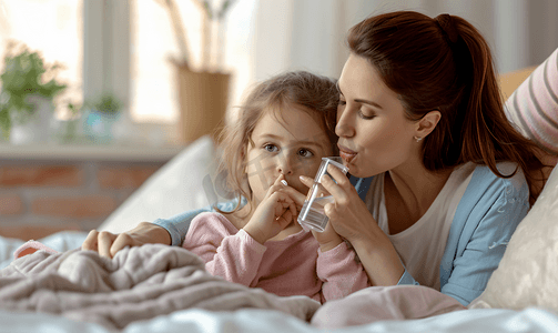 妈妈照顾生病女儿喝水吃药