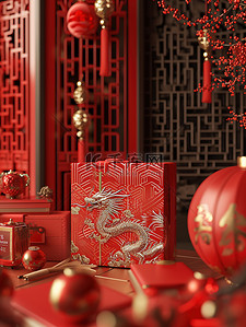 新年大红色背景背景图片_新年礼盒包装新年春节大促背景图