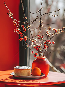 桌子背景图片_新年春节布置的桌子花瓶背景图