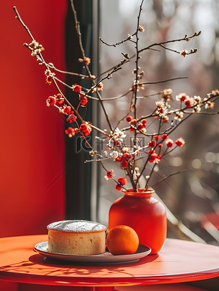 桌子背景图片_新年春节布置的桌子花瓶背景图