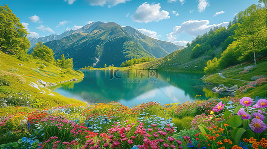 春天花朵环绕着湖泊背景图片